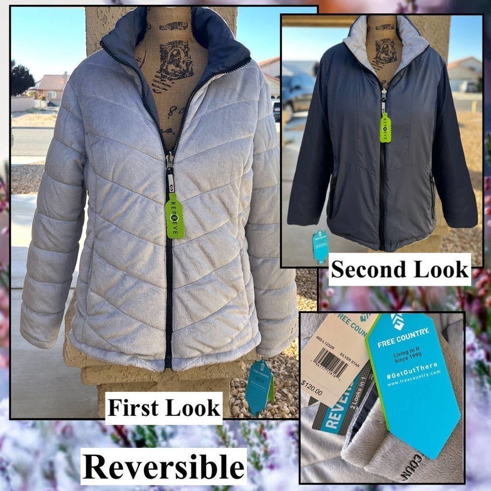 Free Country Reversible Gray Quilt Butter Pile Blk Smoth Puffer Jacket Sz XL NWT